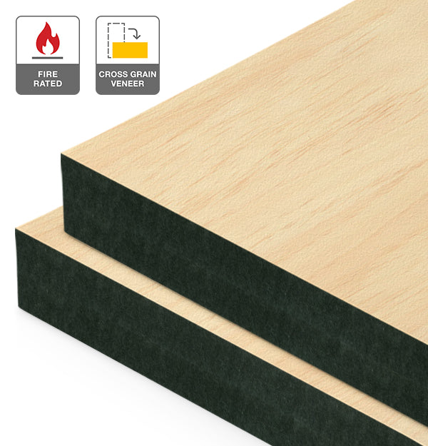 Clear Pine Veneer Crown Cut Cross Grain on Fire Rated Black MDF