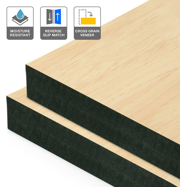Clear Pine Veneer Crown Cut Reverse Slip Match Cross Grain on Black Moisture Resistant MDF