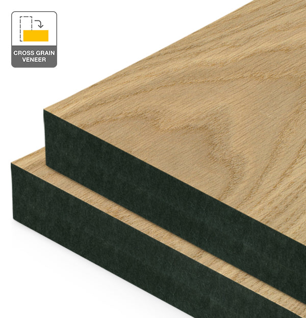 European Oak Veneer Crown Cut Cross Grain on Black MDF