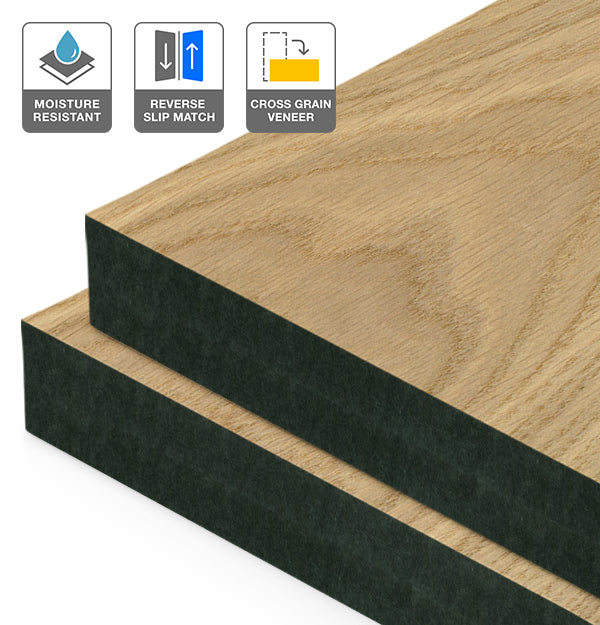 European Oak Veneer Crown Cut Reverse Slip Match Cross Grain on Black Moisture Resistant MDF