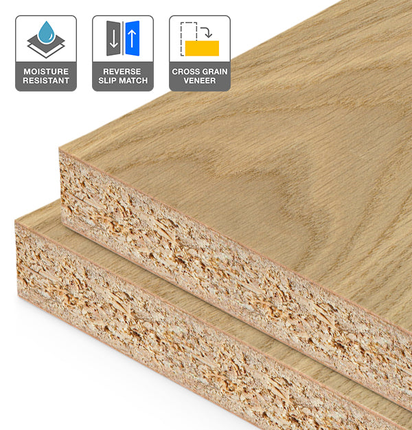 European Oak Veneer Crown Cut Reverse Slip Match Cross Grain on HMR Moisture Resistant Particleboard