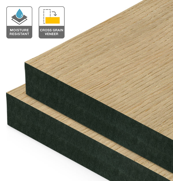 European Oak Veneer Quarter Cut Cross Grain on Black Moisture Resistant MDF
