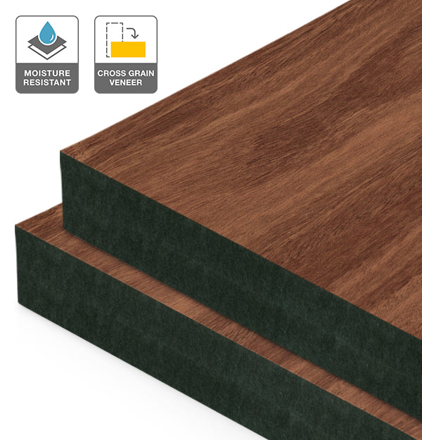 Jarrah Veneer Crown Cut Cross Grain on Black Moisture Resistant MDF