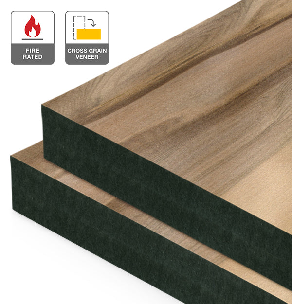 Red Heart Eucalyptus Veneer Natural Feature Grade Cross Grain on Fire Rated Black MDF