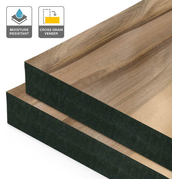 Red Heart Eucalyptus Veneer Natural Feature Grade Cross Grain on Black Moisture Resistant MDF