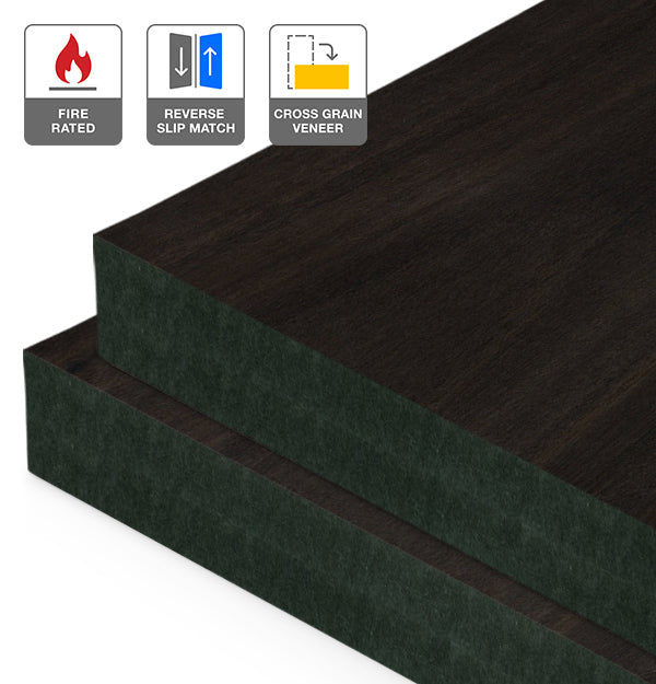 Smoked Eucalyptus Veneer Crown Cut Reverse Slip Match Cross Grain on Fire Rated Black MDF