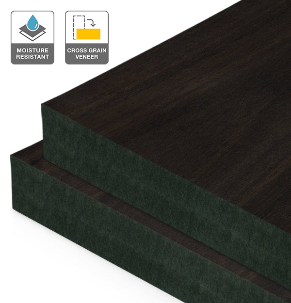 Smoked Eucalyptus Veneer Crown Cut Cross Grain on Black Moisture Resistant MDF
