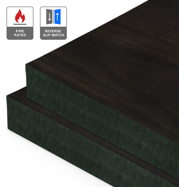 Smoked Eucalyptus Veneer Crown Cut Reverse Slip Match on Fire Rated Black MDF