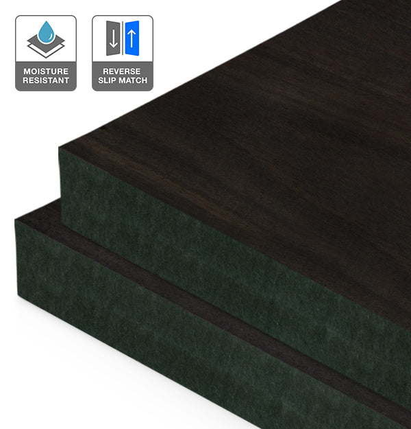 Smoked Eucalyptus Veneer Crown Cut Reverse Slip Match on Black Moisture Resistant MDF