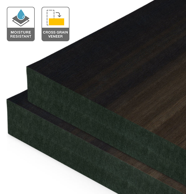 Smoked Eucalyptus Veneer Quarter Cut Cross Grain on Black Moisture Resistant MDF