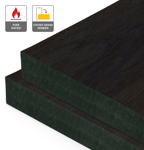 Smoked Oak Veneer Crown Cut Cross Grain on Fire Rated Black MDF