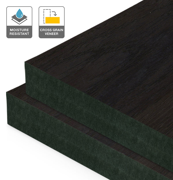 Smoked Oak Veneer Crown Cut Cross Grain on Black Moisture Resistant MDF