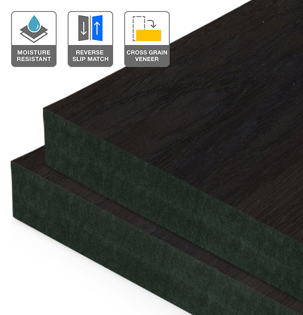 Smoked Oak Veneer Crown Cut Reverse Slip Match Cross Grain on Black Moisture Resistant MDF