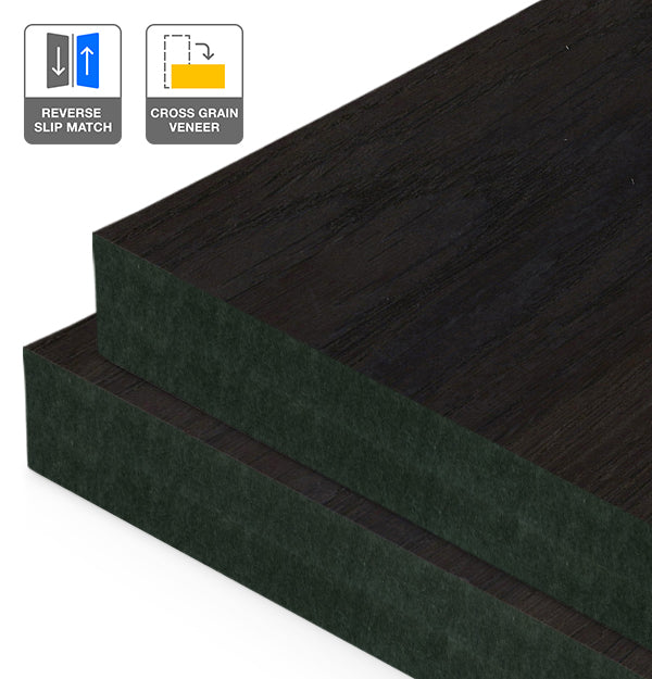 Smoked Oak Veneer Crown Cut Reverse Slip Match Cross Grain on Black MDF