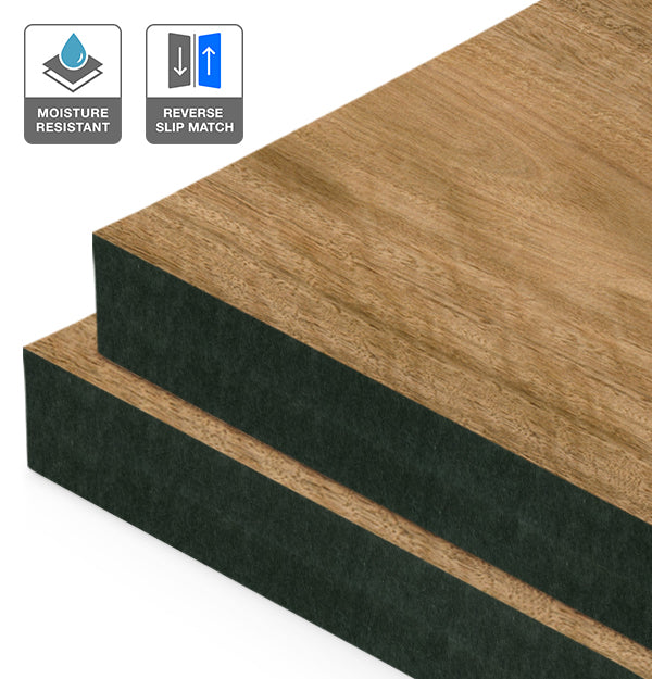 Spotted Gum Veneer Crown Cut Reverse Slip Match on Black Moisture Resistant MDF