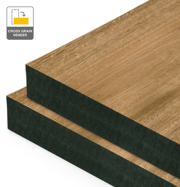 Spotted Gum Veneer Crown Cut Cross Grain on Black MDF