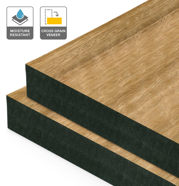 Spotted Gum Veneer Quarter Cut Cross Grain on Black Moisture Resistant MDF