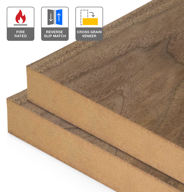 American Walnut Veneer Crown Cut Reverse Slip Match Cross Grain on Fire Rated MDF
