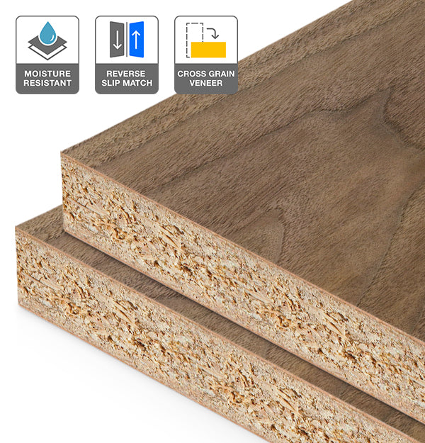 American Walnut Veneer Crown Cut Reverse Slip Match Cross Grain on HMR Moisture Resistant Particleboard
