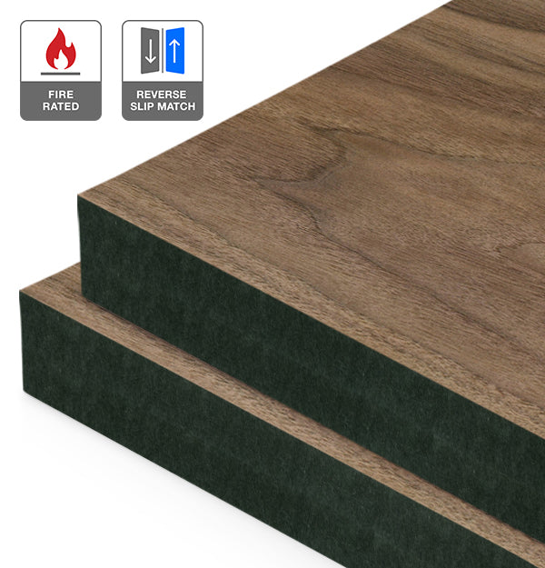 American Walnut Veneer Crown Cut Reverse Slip Match on Fire Rated Black MDF