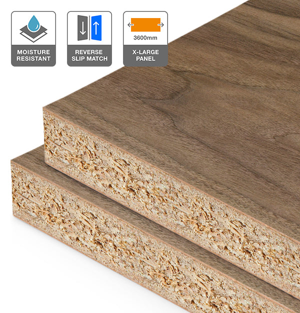 American Walnut Veneer Crown Cut Reverse Slip Match on HMR Moisture Resistant Particleboard 3600L