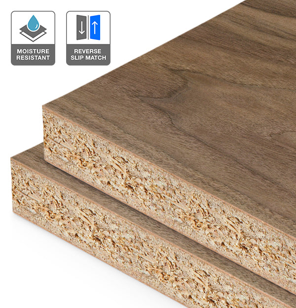 American Walnut Veneer Crown Cut Reverse Slip Match on HMR Moisture Resistant Particleboard