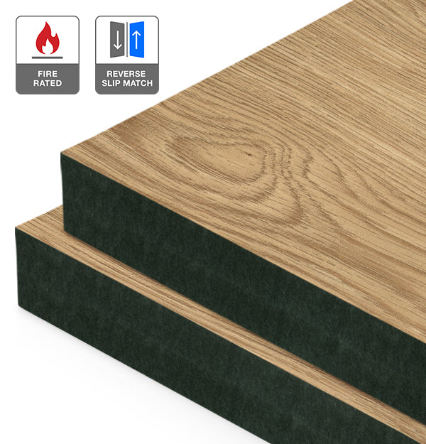 American Oak Veneer Wire Brushed Crown Cut Reverse Slip Match on Fire Rated Black MDF