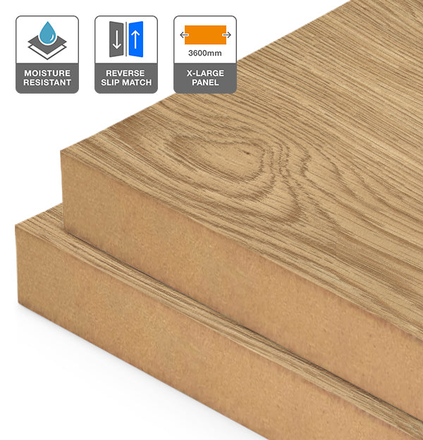 American Oak Veneer Wire Brushed Crown Cut Reverse Slip Match on Moisture Resistant MDF 3600L