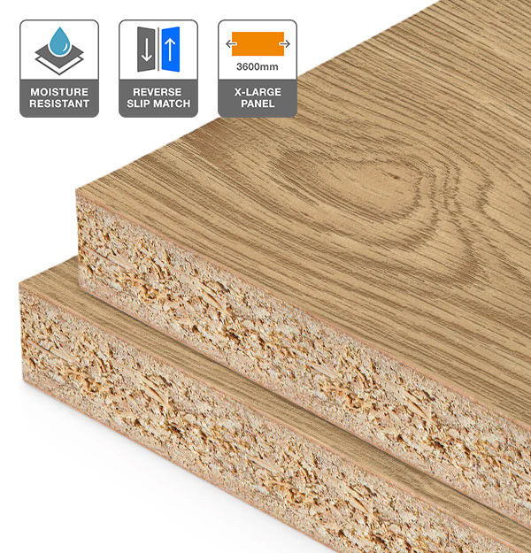 American Oak Veneer Wire Brushed Crown Cut Reverse Slip Match on HMR Moisture Resistant Particleboard 3600L