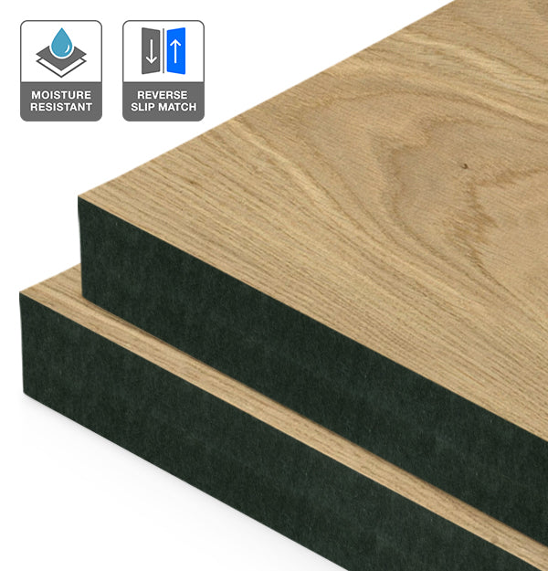 European Oak Veneer Wire Brushed Crown Cut Reverse Slip Match on Black Moisture Resistant MDF