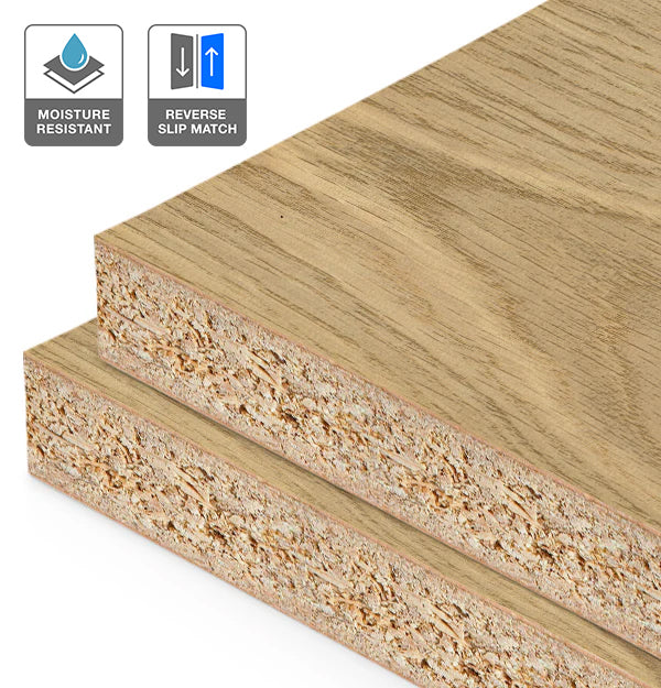 European Oak Veneer Wire Brushed Crown Cut Reverse Slip Match on HMR Moisture Resistant Particleboard