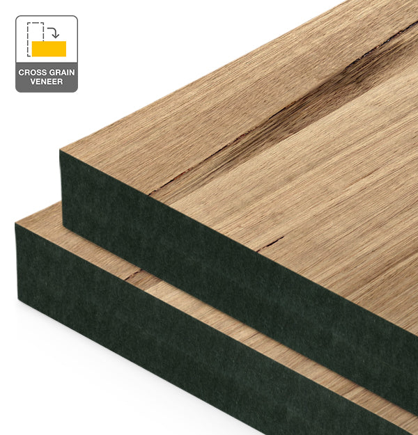 Tasmanian Oak Veneer Natural Feature Grade Cross Grain on Black MDF
