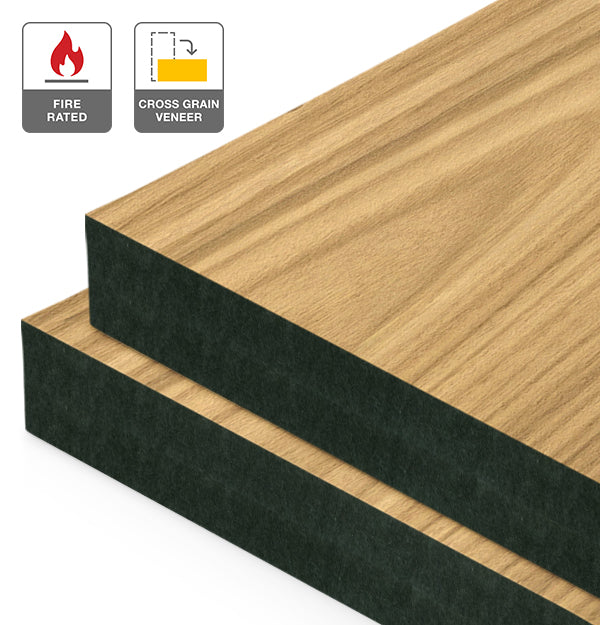 Plantation Oak Veneer Crown Cut Cross Grain on Fire Rated Black MDF