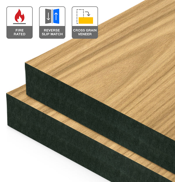 Plantation Oak Veneer Crown Cut Reverse Slip Match Cross Grain on Fire Rated Black MDF