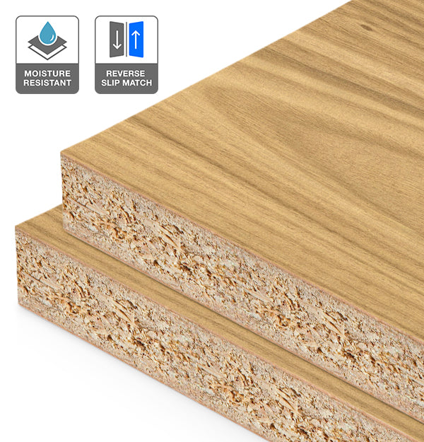 Plantation Oak Veneer Crown Cut Reverse Slip Match on HMR Moisture Resistant Particleboard