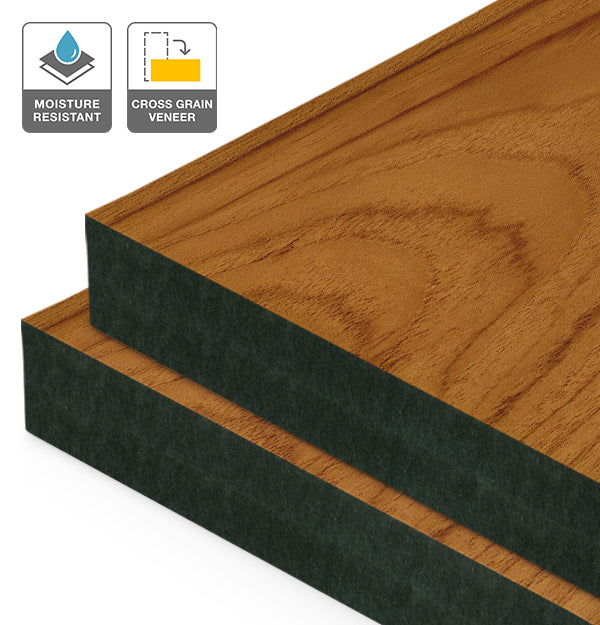 Teak Veneer Crown Cut Cross Grain on Black Moisture Resistant MDF