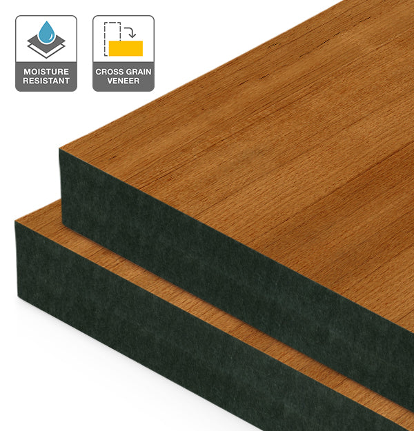 Teak Veneer Quarter Cut Cross Grain on Black Moisture Resistant MDF
