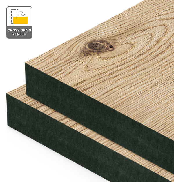 Rustic Oak Veneer Natural Feature Grade Cross Grain on Black MDF
