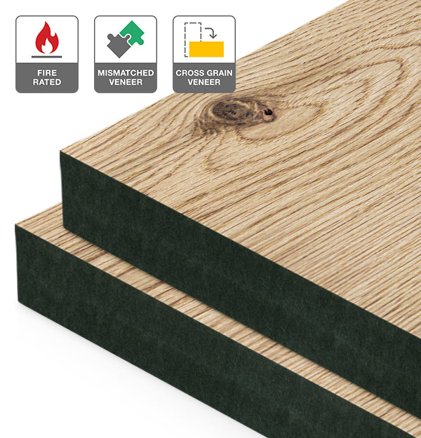 Rustic Oak Veneer Mismatched Cross Grain on Fire Rated Black MDF
