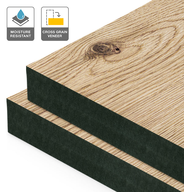Rustic Oak Veneer Natural Feature Grade Cross Grain on Black Moisture Resistant MDF