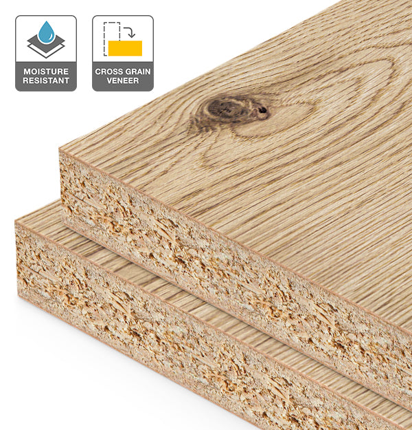 Rustic Oak Veneer Natural Feature Grade Cross Grain on HMR Moisture Resistant Particleboard